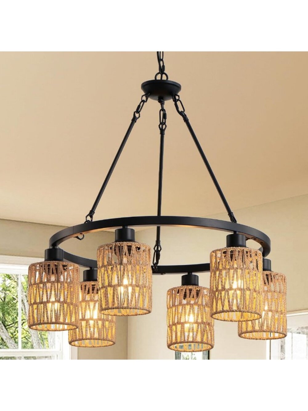 Rustic 6-Light Rattan Wagon Wheel Chandelier for Dining Room Decor
